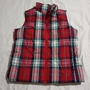 Lands' End Women's DOWN Puffer Vest Medium 10-12 Red Plaid Easy Care